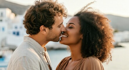 Naklejka premium Interracial young adult couple sharing a romantic moment by the seaside at sunset