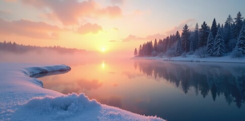 Frosty mist rises from Baikal's surface as sunrise breaks through, fog, peaceful