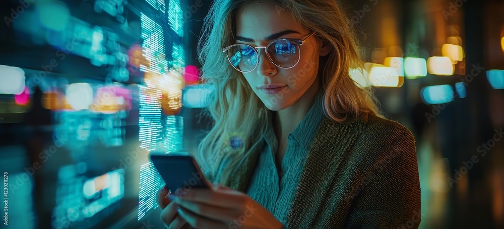 Poster a high-tech ai businesswoman utilizing a smartphone, connected to cyber data and innovative technolo