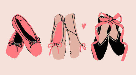 Pointe Shoes set. Various ballet shoes with ribbons. Dance, ballet school, ballerinas footgear, gymnastic performance concept. Hand drawn trendy Vector illustration. Isolated design elements © Dariia