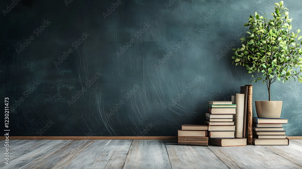 Aufkleber empty chalkboard or blackboard in a classroom or academic setting with stacks of books and a green p