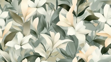 Elegant Floral Seamless Pattern Featuring Soft Green Leaves and Creamy Blooms, Capturing Nature's Beauty in a Modern Botanical Setting