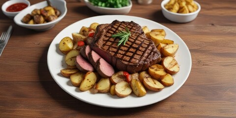high angle shot of a plate with a grilled beef steak and a side of potatoes, beef, savory