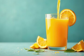 Juice glass filled with freshly squeezed orange juice and sliced oranges, juice, cooking, pour