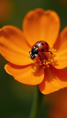 Obraz premium Ladybug resting on a bright orange blossom, its black and red shell glistening in the warm sunlight, orange, flower blossom, nature