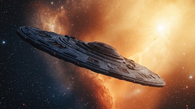 A futuristic spaceship hovers in a vibrant cosmic nebula, surrounded by stars and glowing celestial elements.