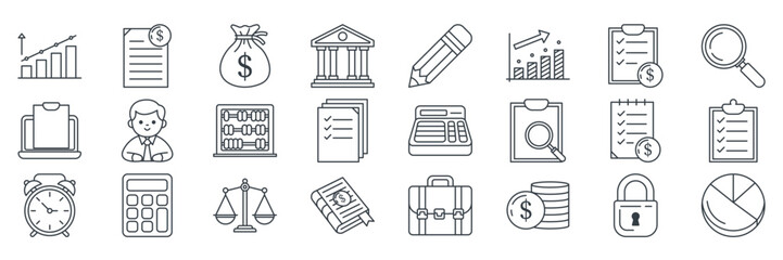 Accounting icons set, Included icons as Calculator, Pie Chart, Document, Briefcase and more symbols collection, logo isolated vector illustration