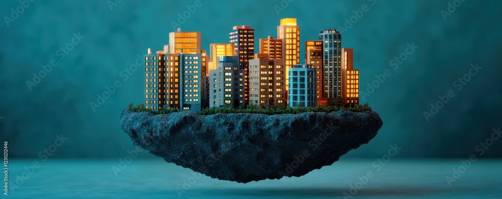 Aufkleber a floating island features a miniature city with illuminated buildings against a textured blue backg