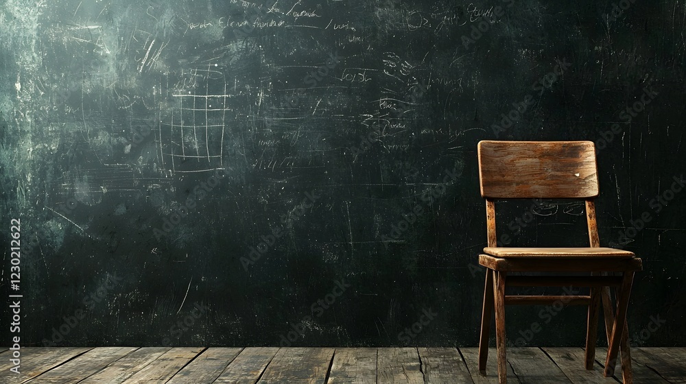 Poster empty chalkboard backdrop in a classic classroom setting with a wooden desk and chair in the foregro