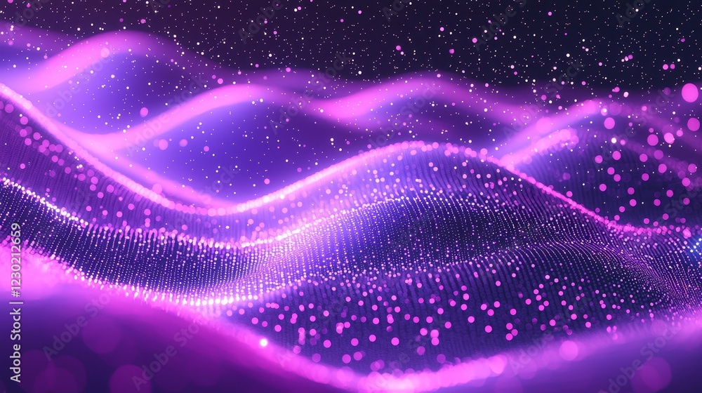 Poster a 3d rendered abstract digital background depicting a wave with moving dots, symbolizing a musical s