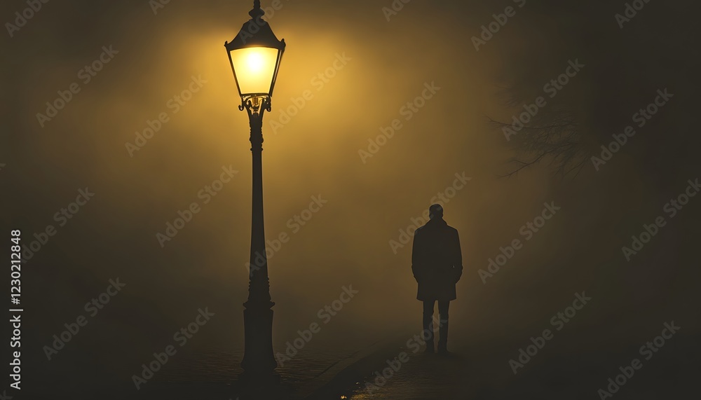 Poster Mysterious Figure Standing Under Streetlamp in Foggy Night, Eerie Atmosphere With Soft Light Casting Shadows, Creating a Sense of Intrigue and Solitude