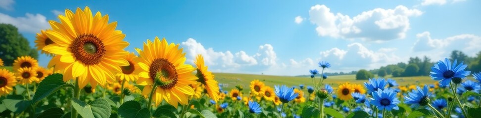 Naklejka premium Lush orange sunflowers and sky blue cornflowers planted in a serene landscape, colorful, blossoms