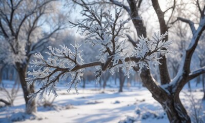 Icy crystals cling to the branches of a bare tree, winter, icicle