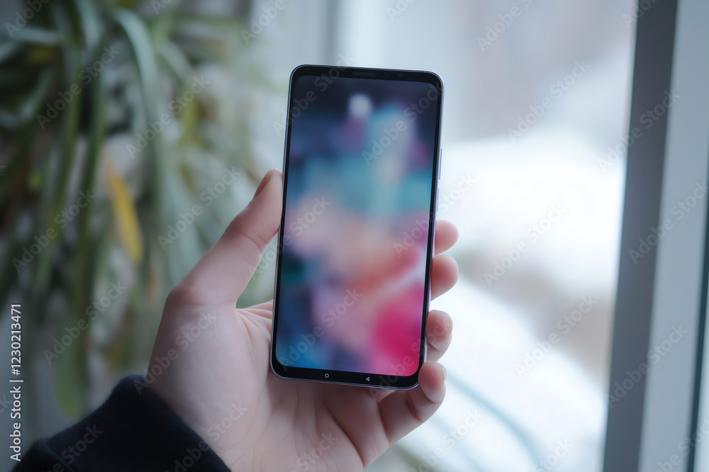 Poster close up of a hand holding a modern smartphone displaying a variety of colorful app icons on its bri