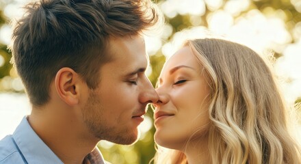 Fototapeta premium Young caucasian couple enjoying an intimate moment embracing love and connection outdoors
