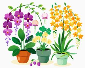 Watercolor Floral Arrangement Cascading Wisteria Purple Pansies Yellow Flowers