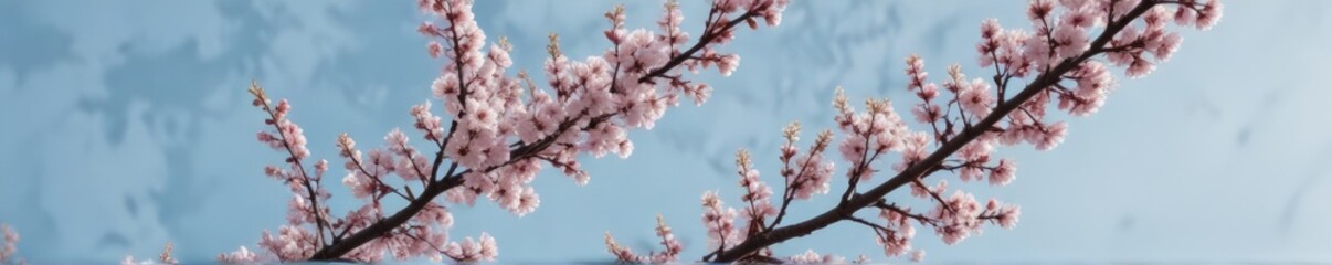 image of a branch heavy with cherry plum blossoms against a soft, pastel blue sky , pastel colors, nature photography