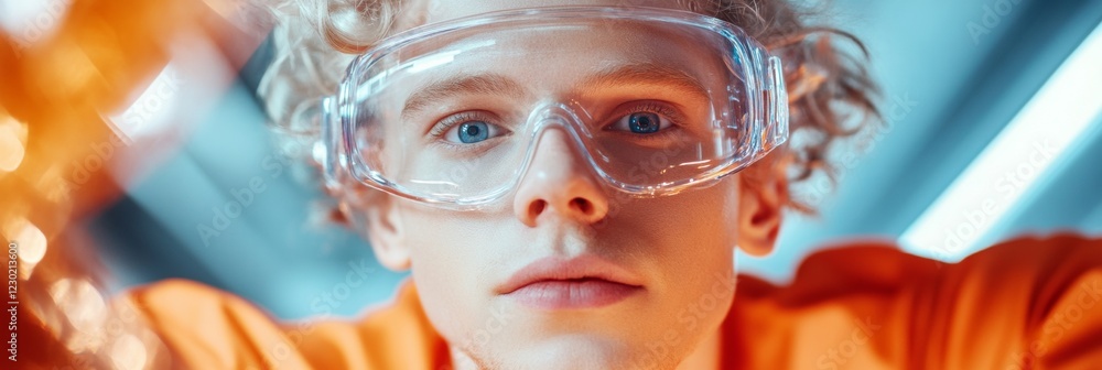 Poster futuristic tech imagery engineer with transparent goggles operating advanced laser equipment on slee