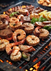 Sizzling hot plate of grilled beef and shrimp sizzling on the grill , succulent shrimp, juicy steak, restaurant quality presentation