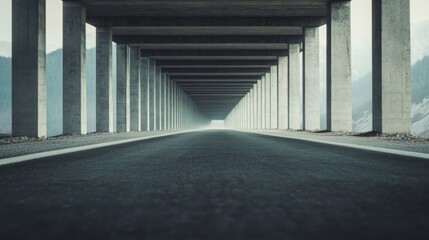 Road underpass with concrete pillars and mountains in the background.