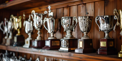 Silver Trophy Collection on Wooden Display Shelves