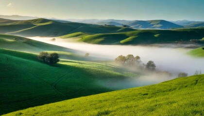 Fototapeta premium A scenic view of rolling green hills shrouded in gentle, swirling mist.