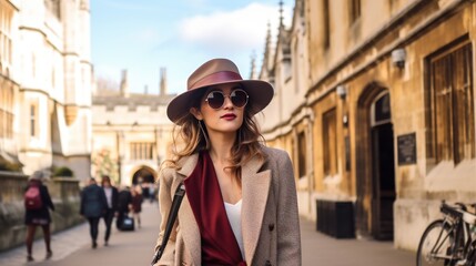 Obraz premium A young woman strolls through a lively city street with stunning historic architecture