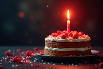 Rich red candle burning brightly on a layered birthday cake , tasty, treat