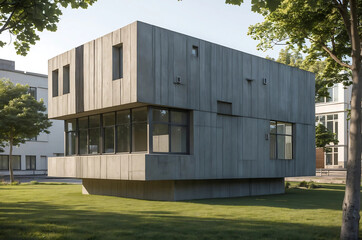 Modern Brutalist Building with Grey Concrete, Large Windows, and Square Openings &ndash; Rugged Urban Architecture Surrounded by Trees, Grass, and Other Buildings in a Bright Setting