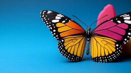 Vibrant Butterfly on Blue: A close-up shot of a colorful butterfly with orange, yellow, and pink wings, delicately perched against a vibrant blue background.