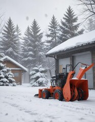 Snow blower in a snowy yard with a snow-covered roof and trees behind it, snow blower, snow cover