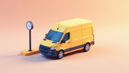 Yellow Delivery Van at a Clock - Punctual Delivery Concept