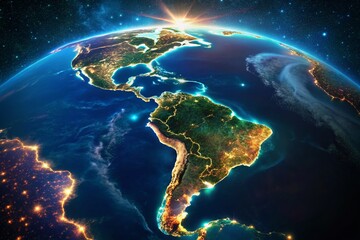 High-Resolution World Map Centered on America - Low Light Photography