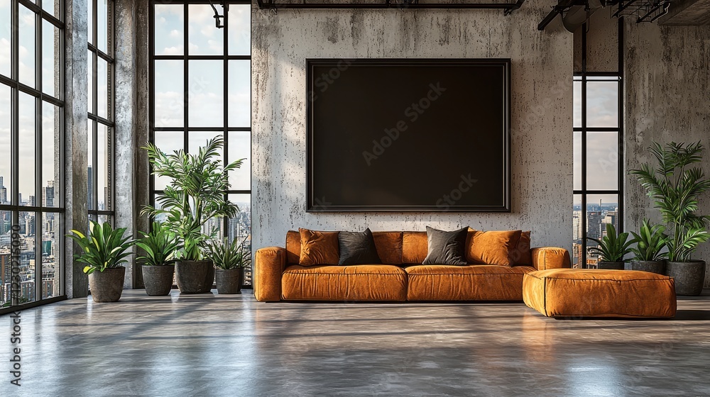 Poster an empty black frame mockup in horizontal orientation, hanging on the wall of a large modern loft ap