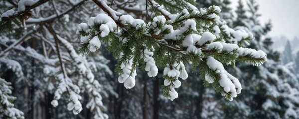 Snow-covered evergreen branches and a few twigs hanging from them, snow, intricate