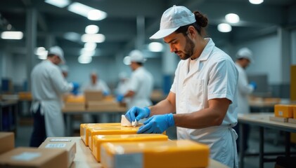 Factory worker in white apron packing products, industrial worker, production