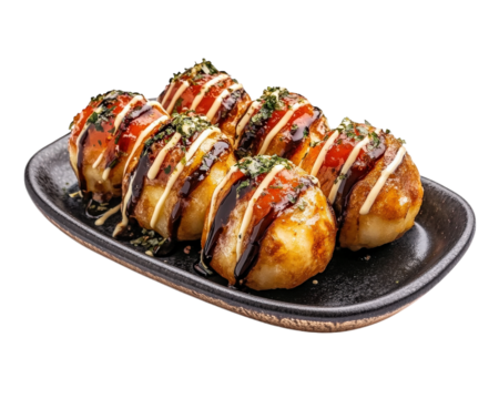 Delicious takoyaki balls drizzled with sauce and garnished, served on black plate. Perfect for street food lovers and Japanese cuisine enthusiasts