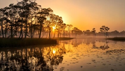Obraz premium A serene landscape at dawn, featuring a misty wetland with still water reflecting the soft