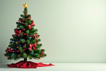 Simple green Christmas tree with colorful ribbons and bows, garland, festive lights, light background