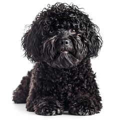 Black dog with curly hair sitting beside puli dog with curly fur isolated on white background