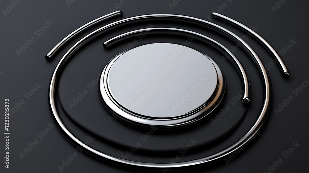 Poster silver circles on black: a minimalist abstract design with a metallic circular platform and concentr
