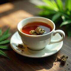 Soothing herbal tea with cannabis buds in the cup, mood booster, tranquility, calming effects