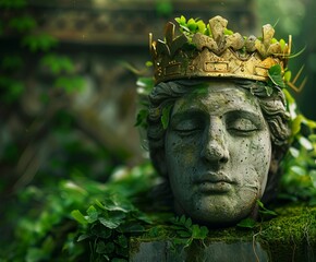 Obraz premium A weathered stone king statue adorned with a golden crown, surrounded by lush green ivy, exuding a sense of timelessness.