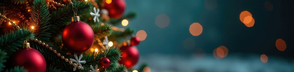 Sparkling Christmas tree decorated with ornaments, tinsel, twinkling lights