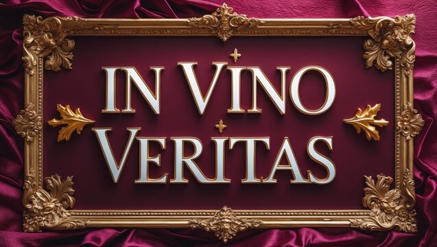 Elegant Framed Sign with In Vino Veritas Phrase on Rich Fabric