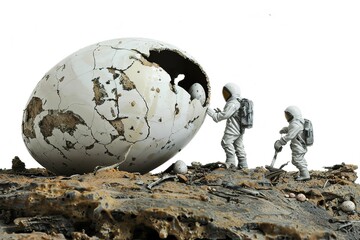 Isolated in white background no shadow on background, A team of scientists on a distant planet uncover an ancient alien Easter-themed artifact.