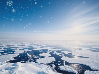 Snowflakes gently falling on a vast expanse of frozen lakes and sparkling ice formations in a wintry scene, sparkling ice, frozen lakes, frosty scenery