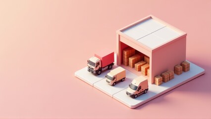 Fototapeta premium Minimalist 3D Illustration of Delivery Trucks at Warehouse