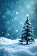 Obraz premium Snowflakes swirl around a small Christmas tree on a blue and white winter background, wintry, blues christmas