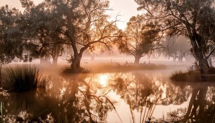 A serene landscape at dawn, featuring a misty wetland with still water reflecting the soft